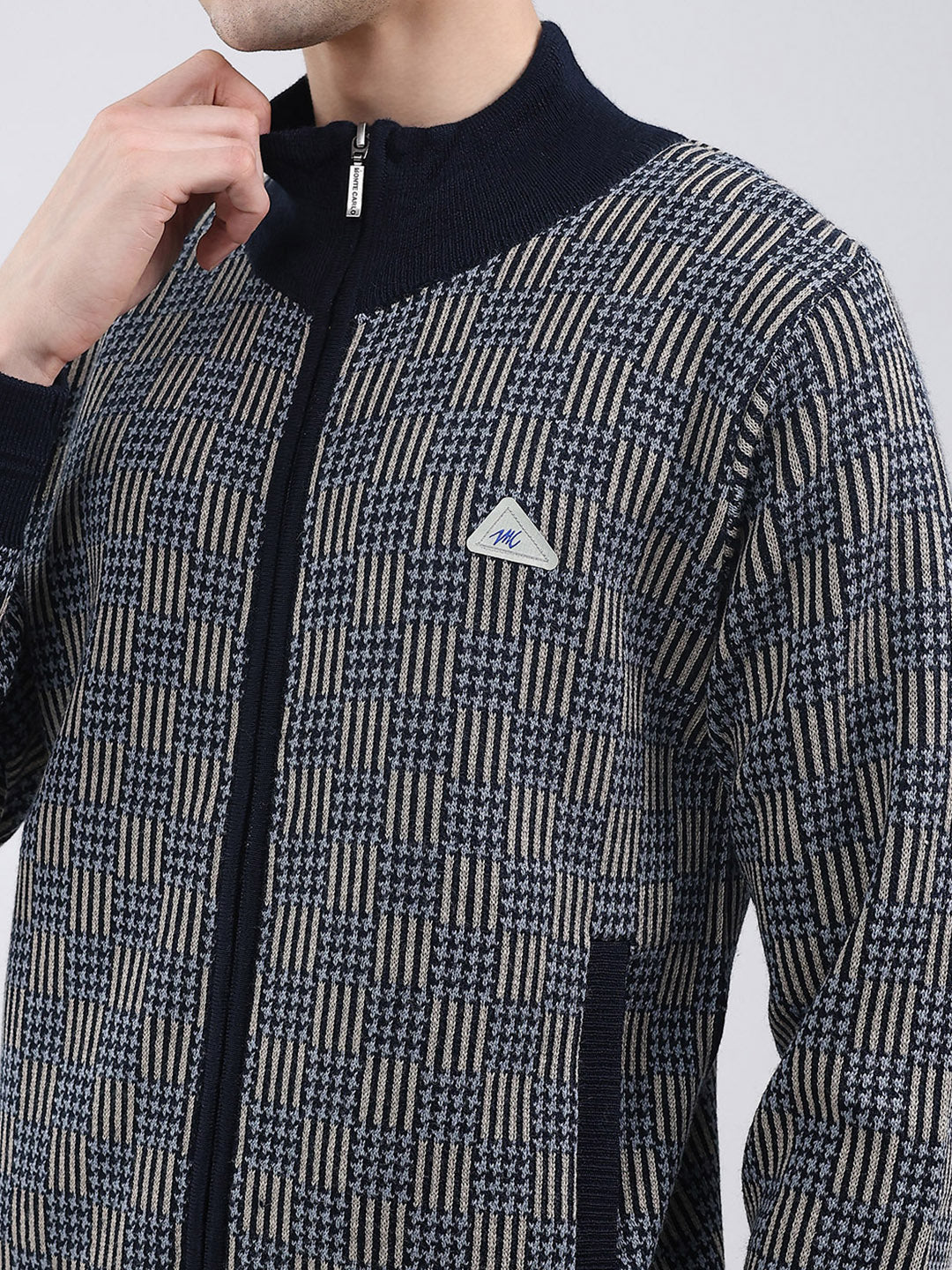 Men Navy Blue Self Design Mock Neck Full Sleeve Pullover