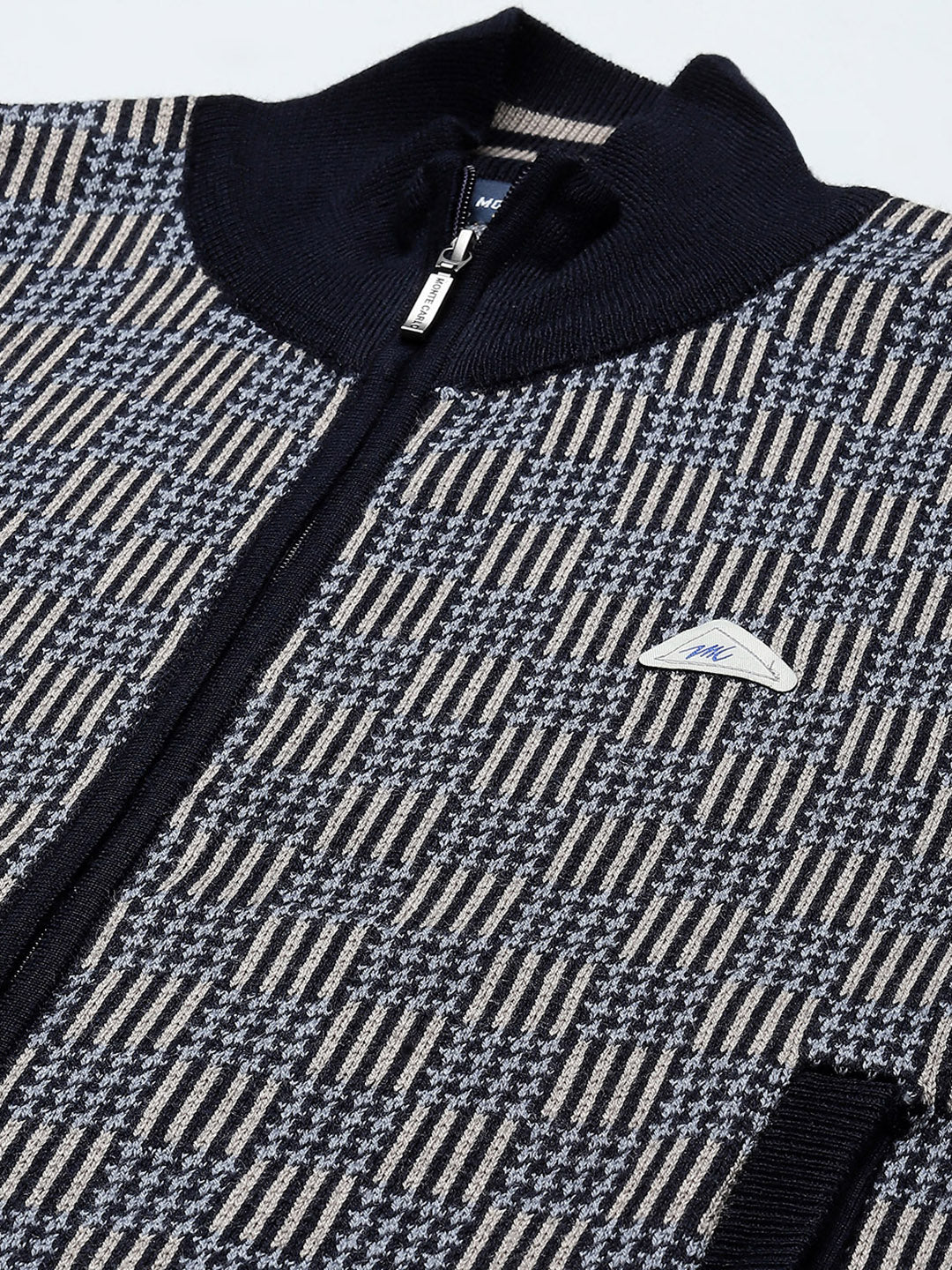 Men Navy Blue Self Design Mock Neck Full Sleeve Pullover