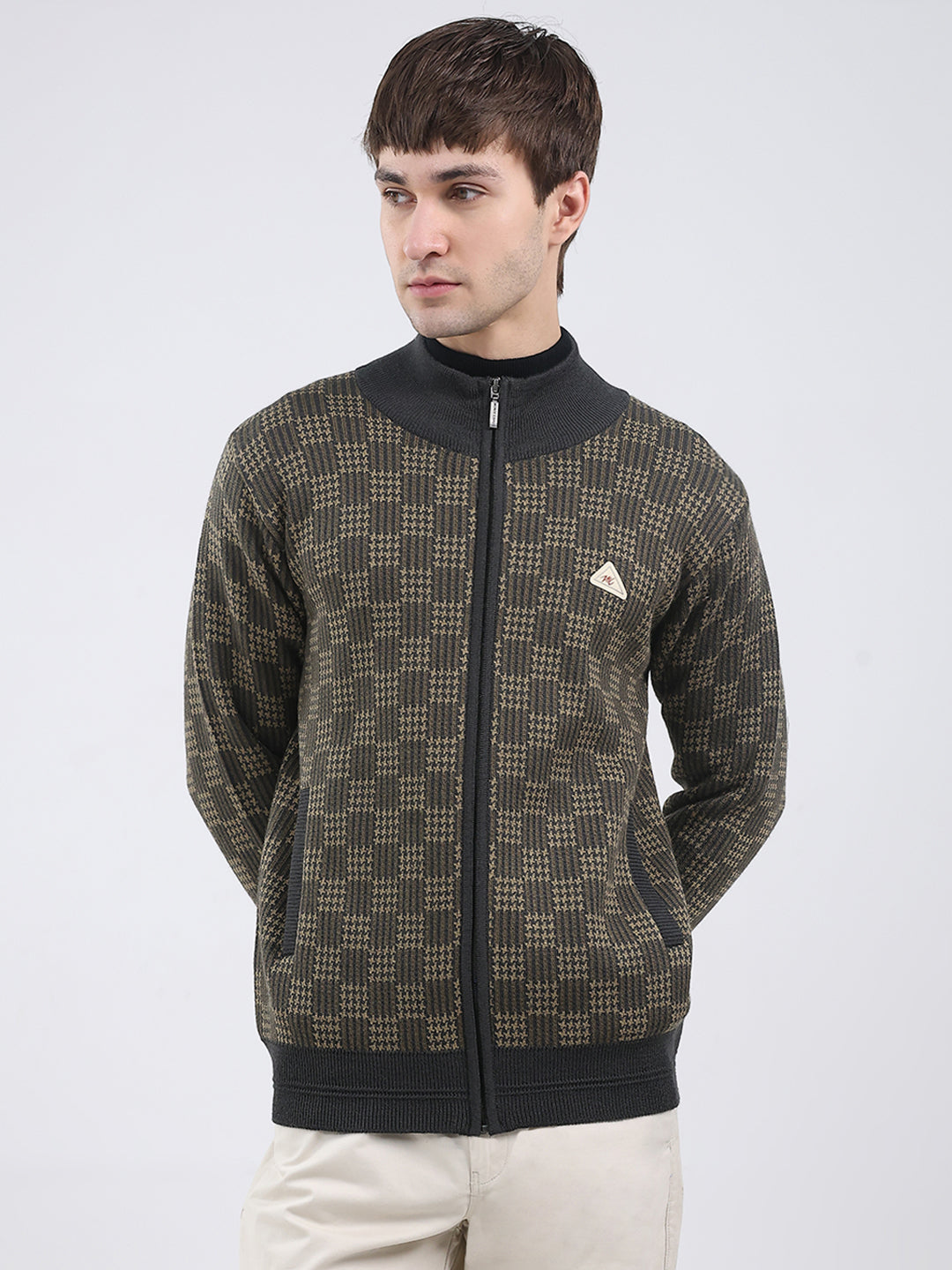 Men Green Self Design Mock Neck Full Sleeve Pullover