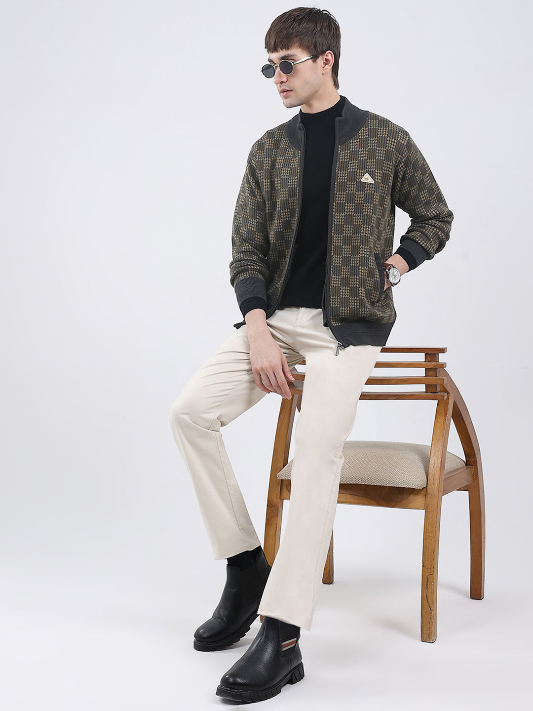 Men Green Self Design Mock Neck Full Sleeve Pullover