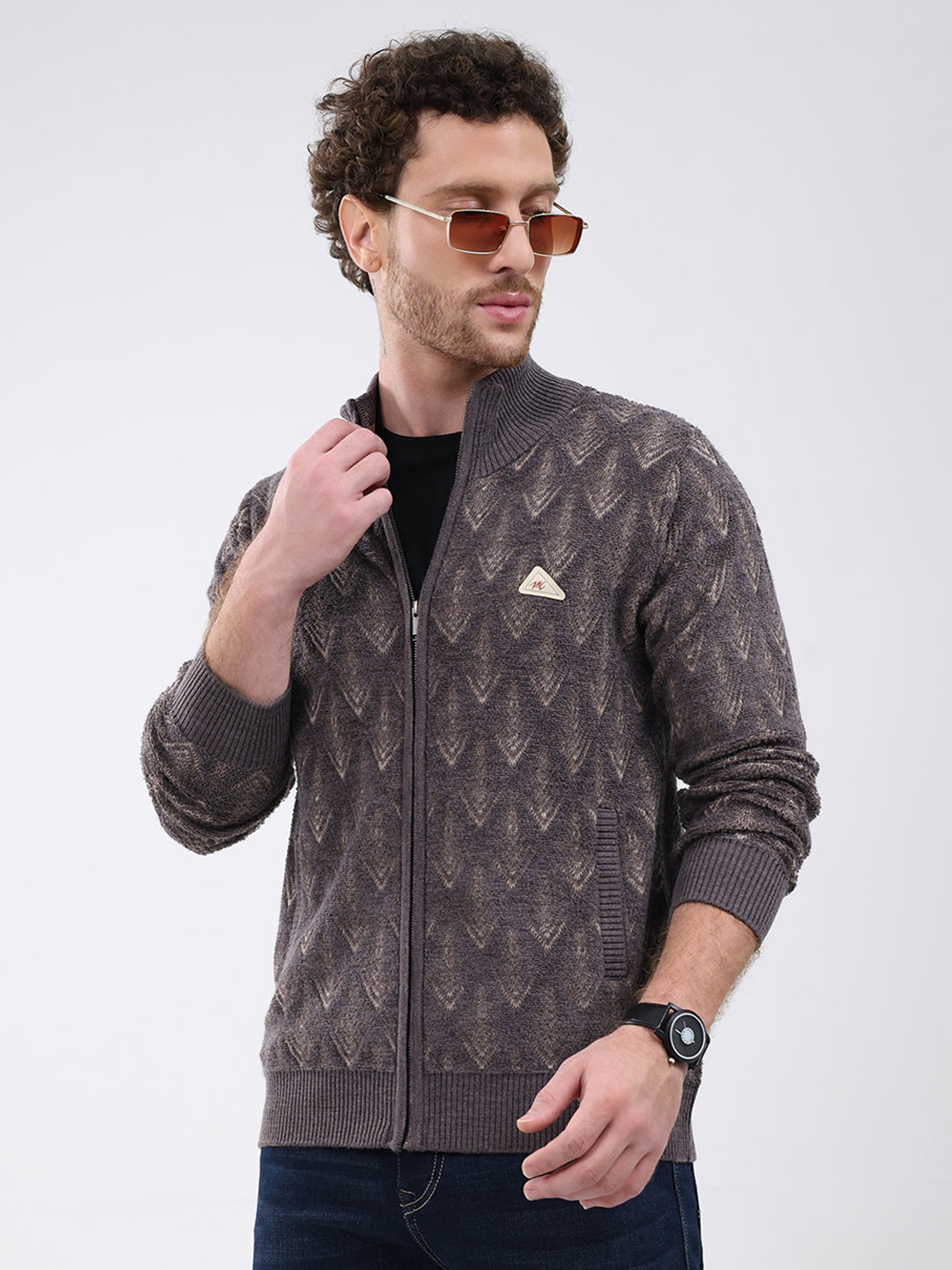 Men Dark Grey Self Design Mock Neck Full Sleeve Pullover