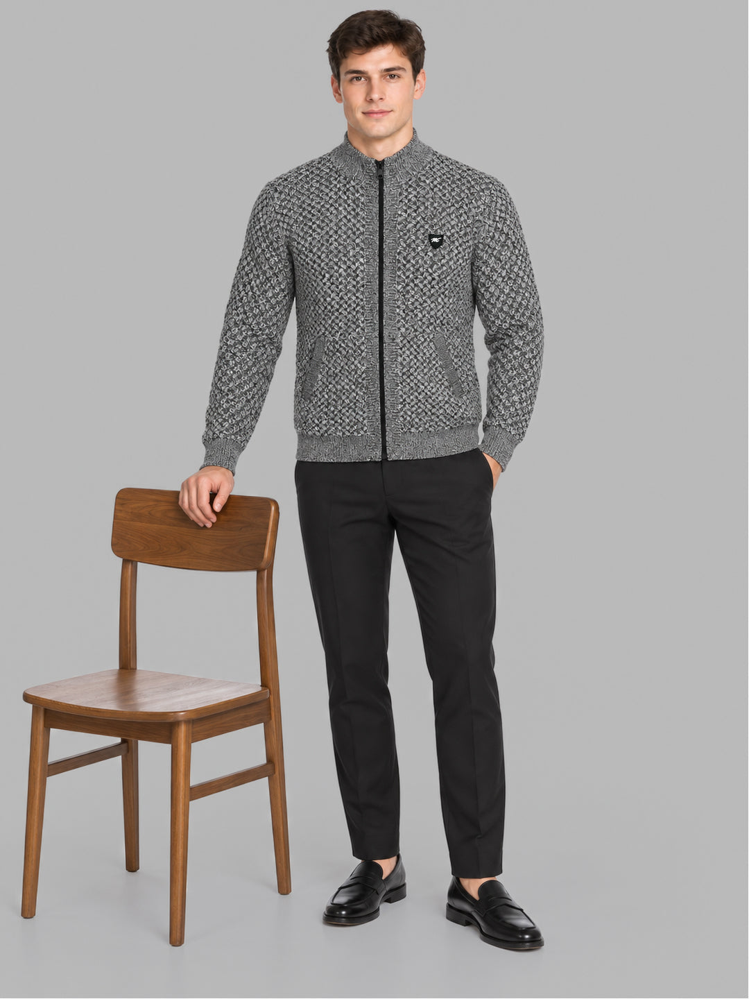 Men Black Self Design Collar Full Sleeve Pullover