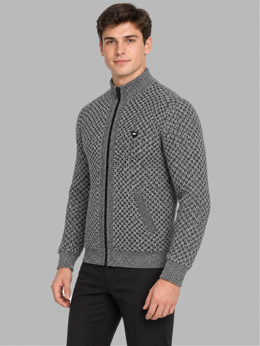 Men Black Self Design Collar Full Sleeve Pullover