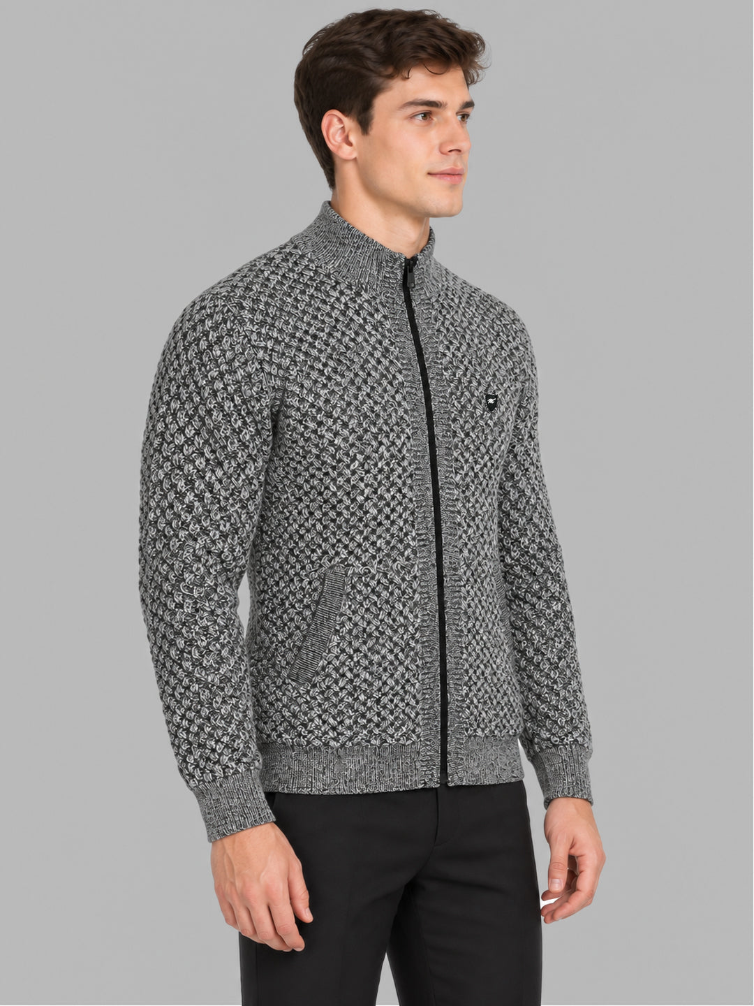 Men Black Self Design Collar Full Sleeve Pullover