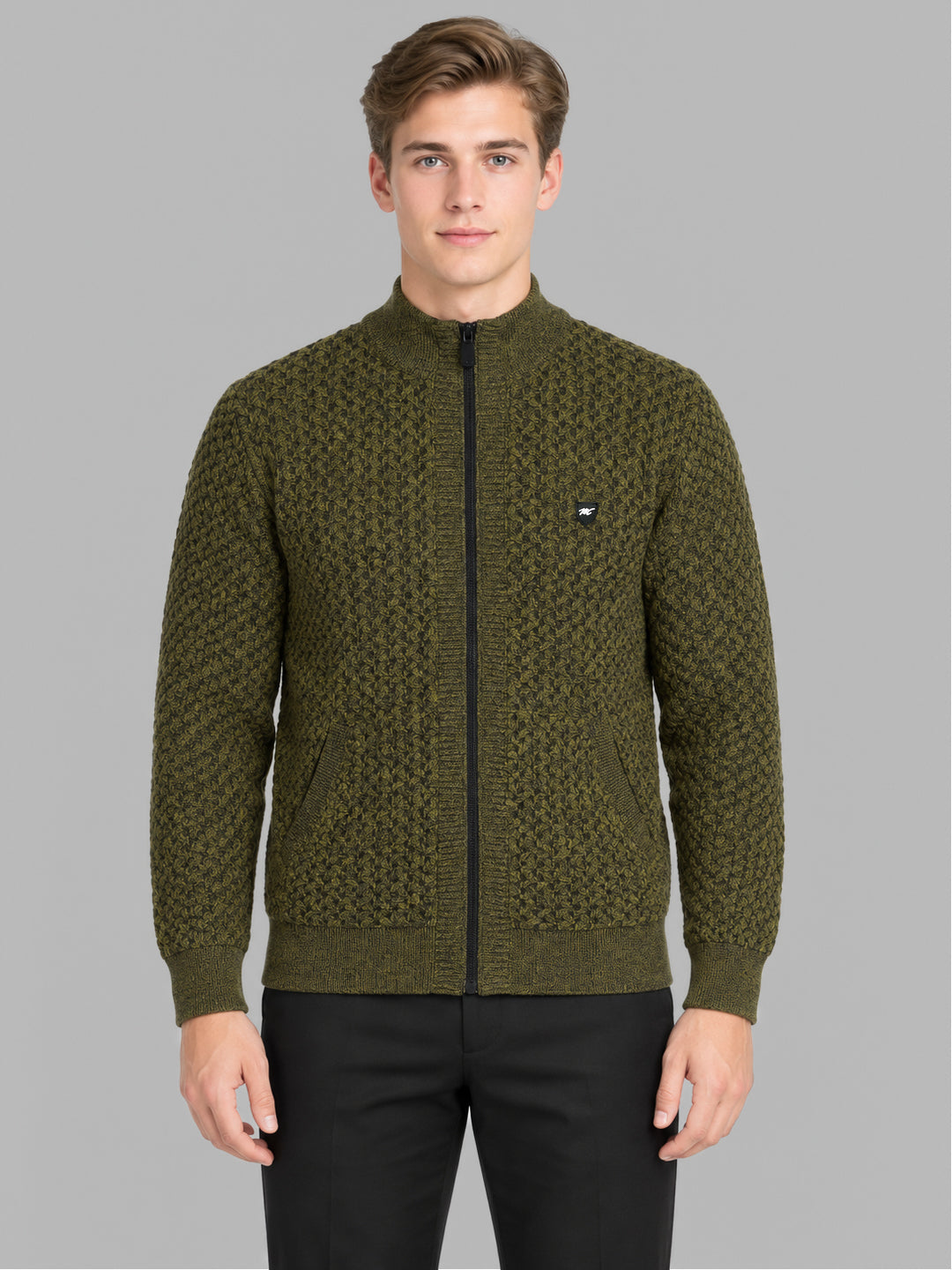 Men Green Self Design Collar Full Sleeve Pullover