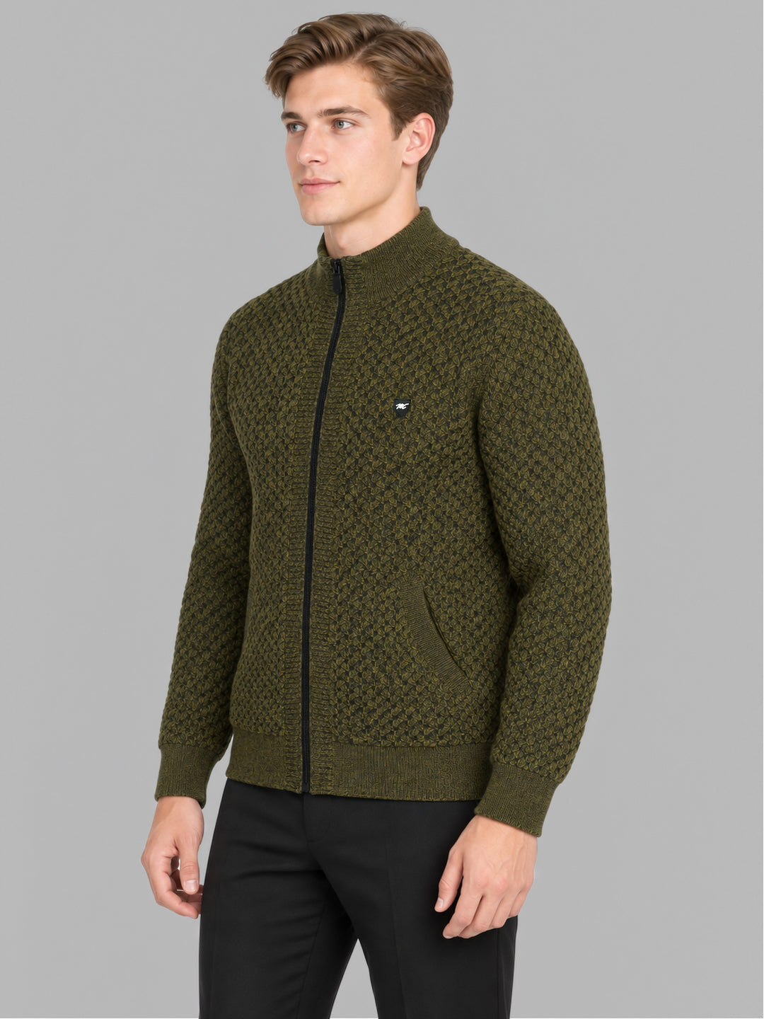 Men Green Self Design Collar Full Sleeve Pullover