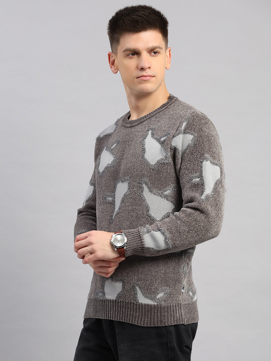 Men Grey Printed Round Neck Full Sleeve Pullover