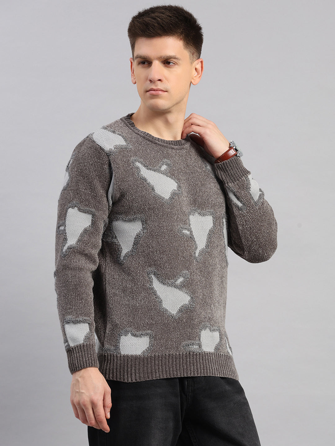 Men Grey Printed Round Neck Full Sleeve Pullover