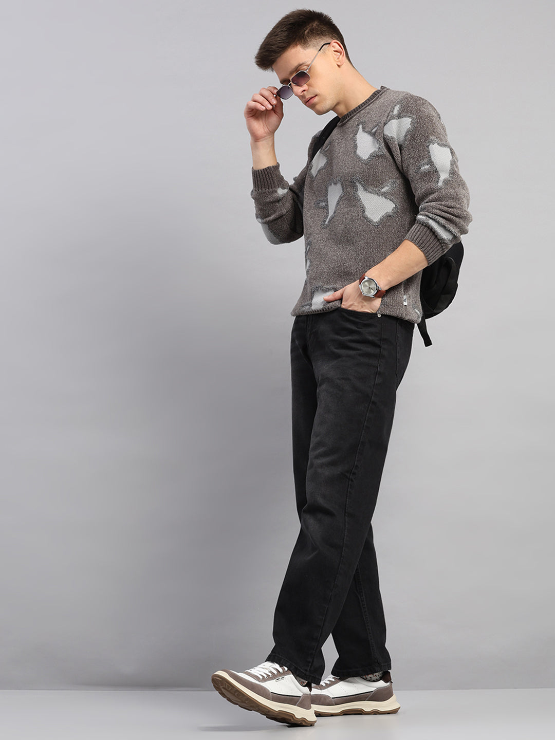 Men Grey Printed Round Neck Full Sleeve Pullover