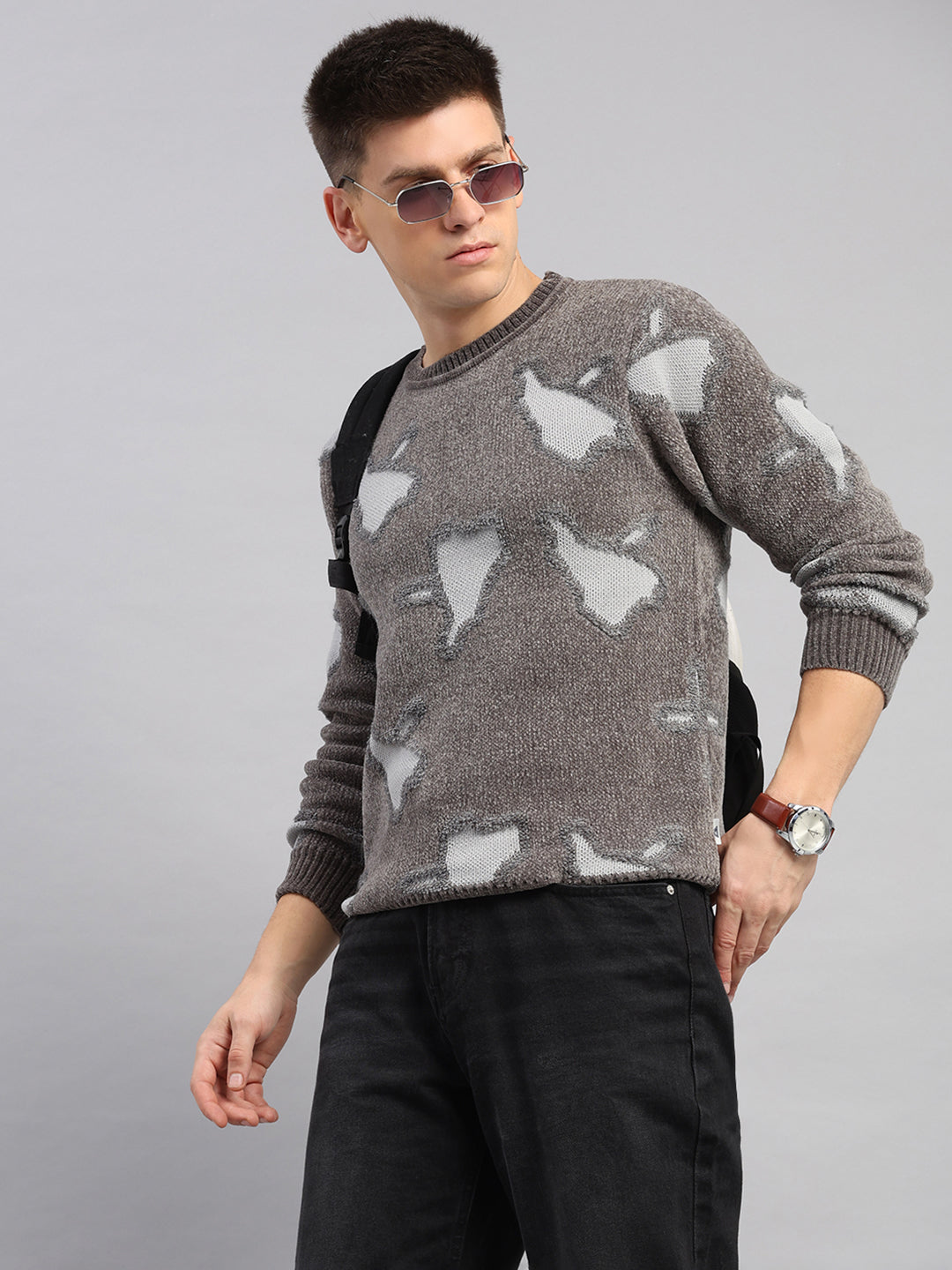 Men Grey Printed Round Neck Full Sleeve Pullover