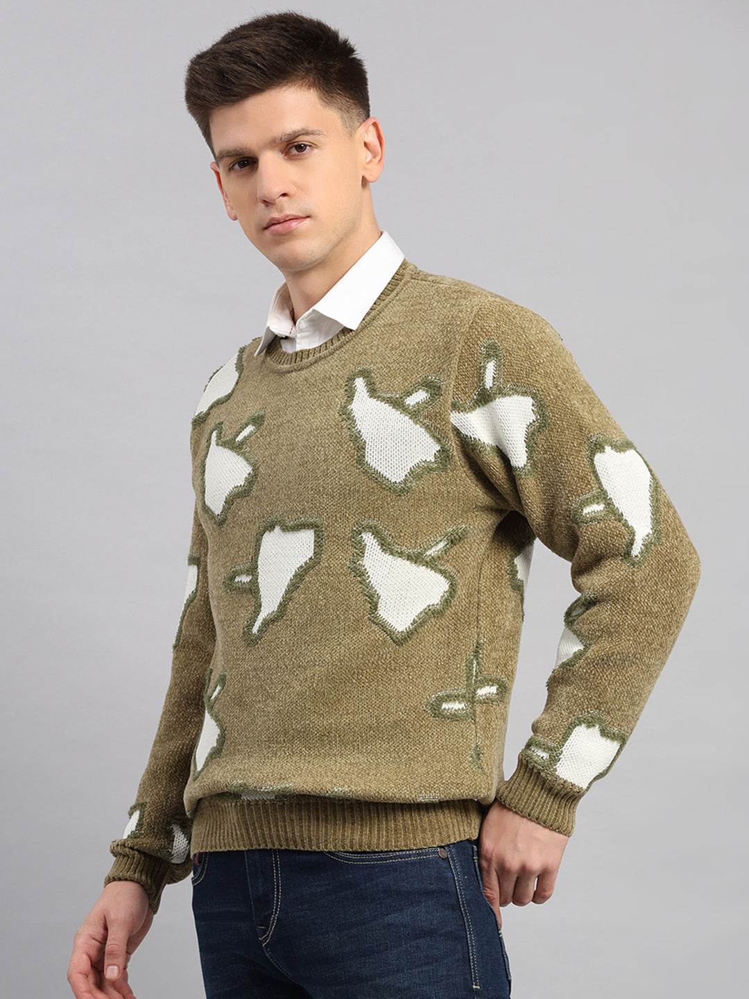 Men Green Printed Round Neck Full Sleeve Pullover