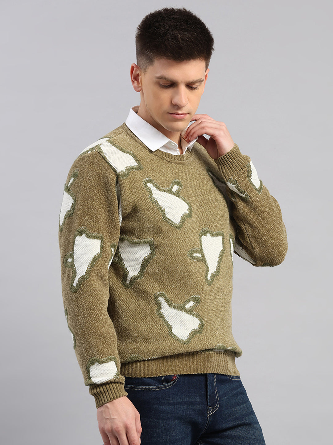 Men Green Printed Round Neck Full Sleeve Pullover