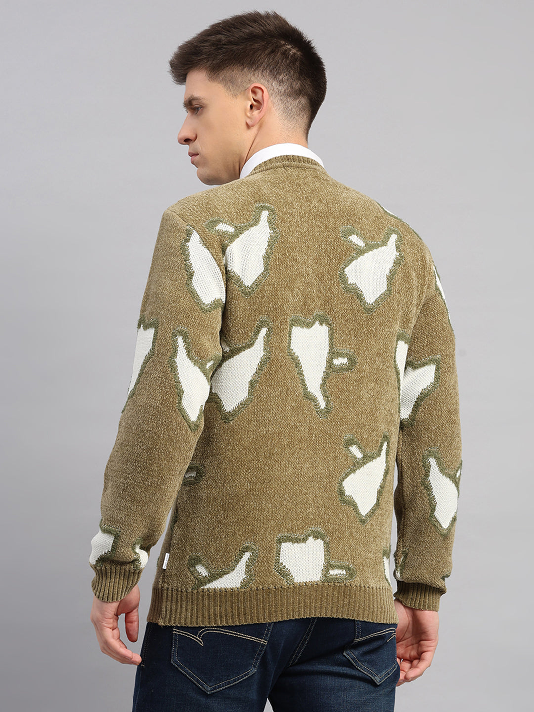Men Green Printed Round Neck Full Sleeve Pullover