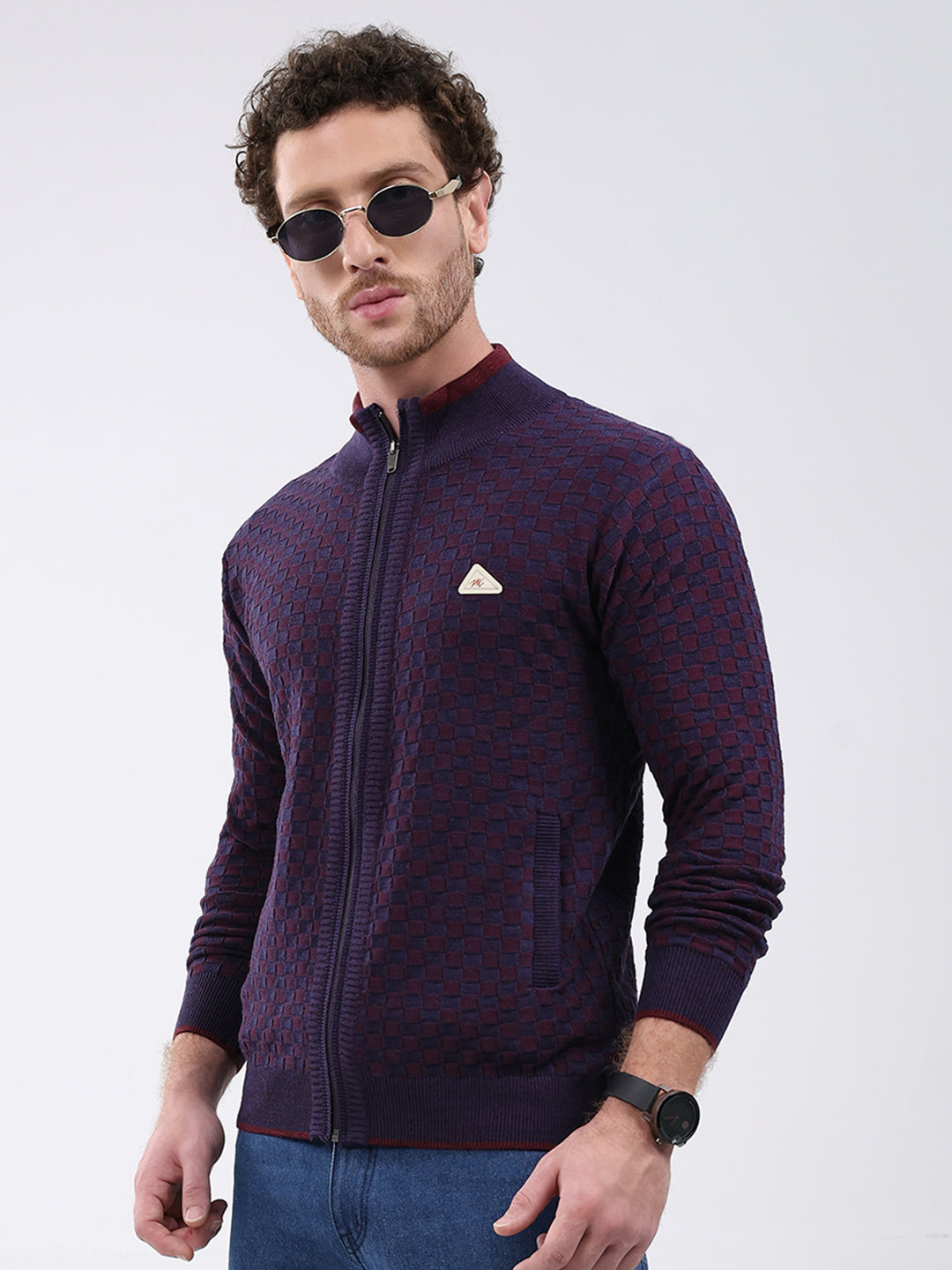 Men Burgundy Self Design Mock Neck Full Sleeve Pullover