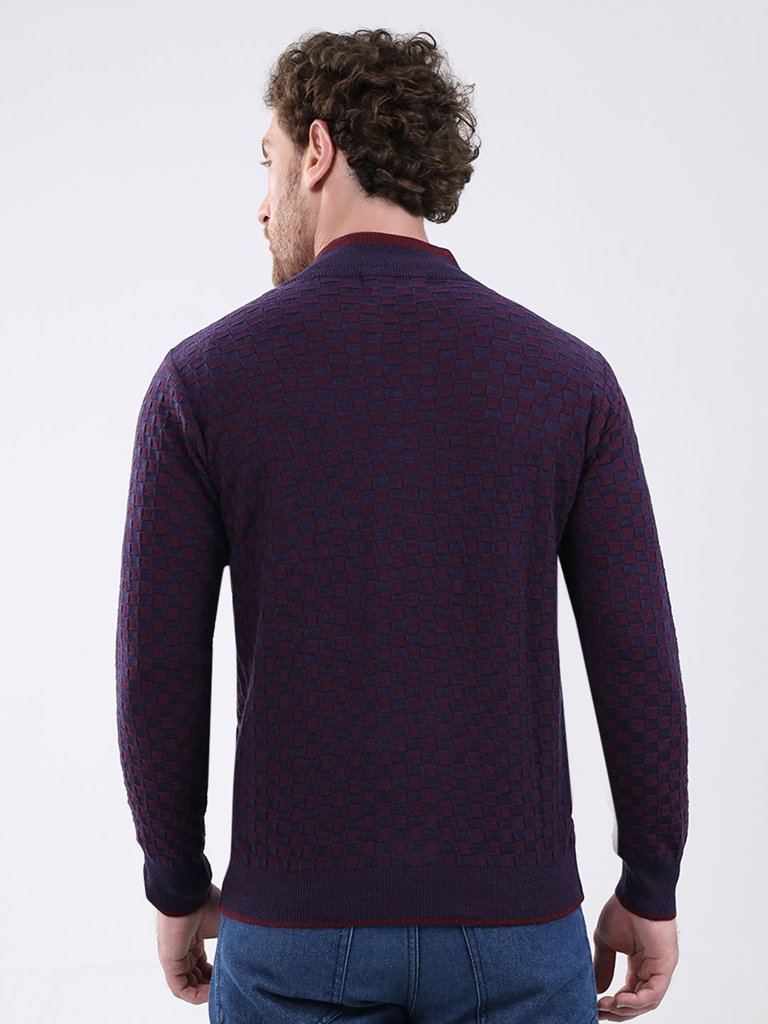 Men Burgundy Self Design Mock Neck Full Sleeve Pullover