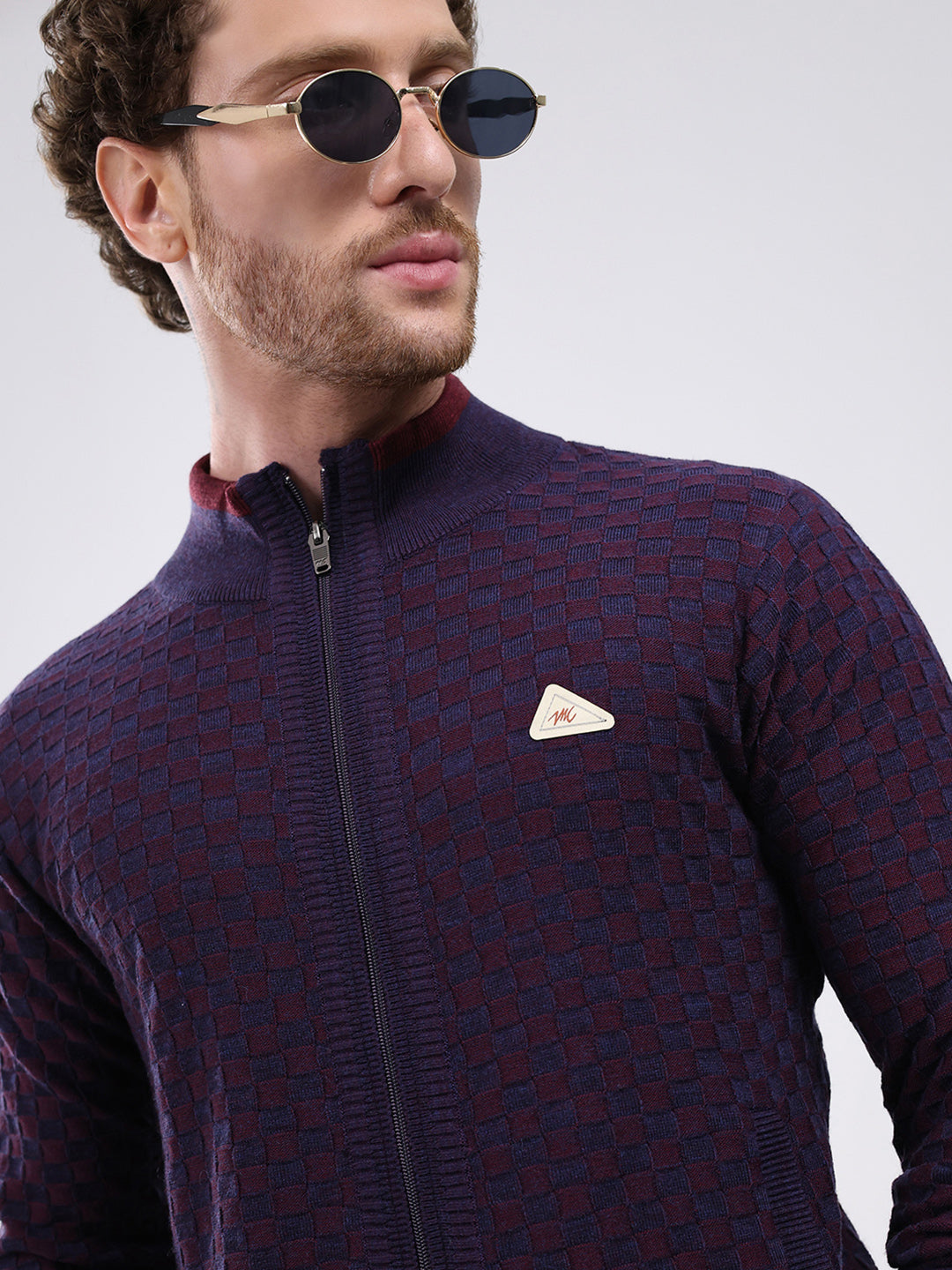 Men Burgundy Self Design Mock Neck Full Sleeve Pullover