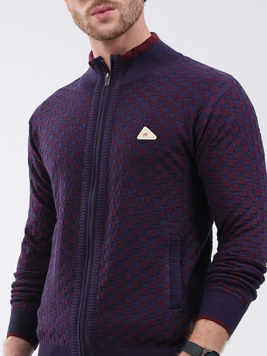 Men Burgundy Self Design Mock Neck Full Sleeve Pullover