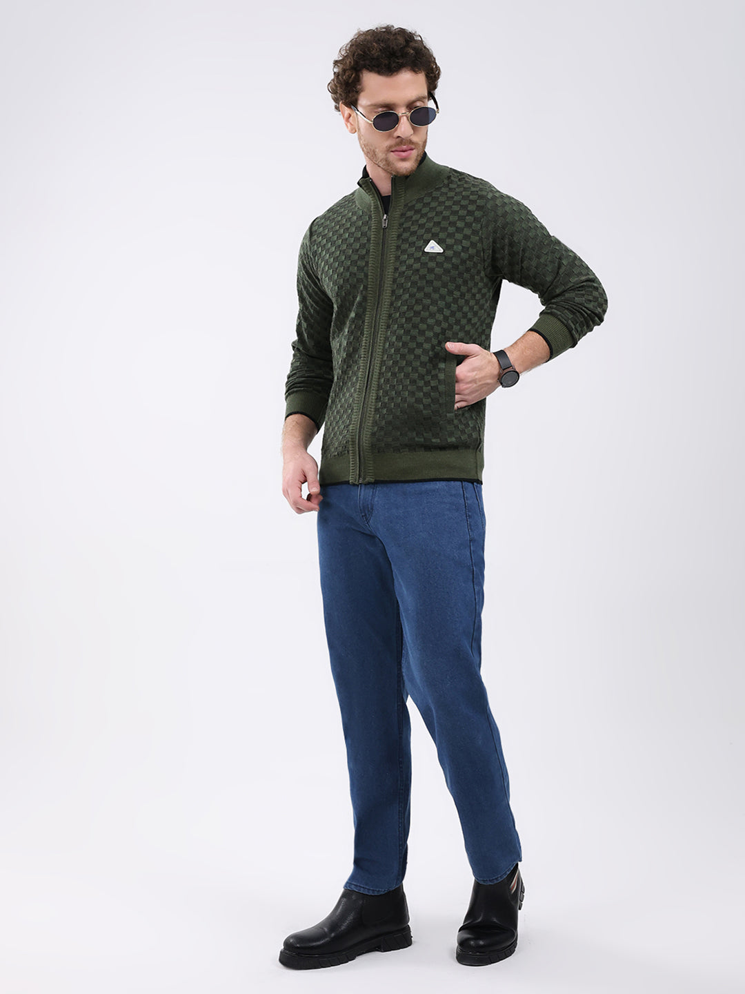 Men Green Self Design Mock Neck Full Sleeve Pullover