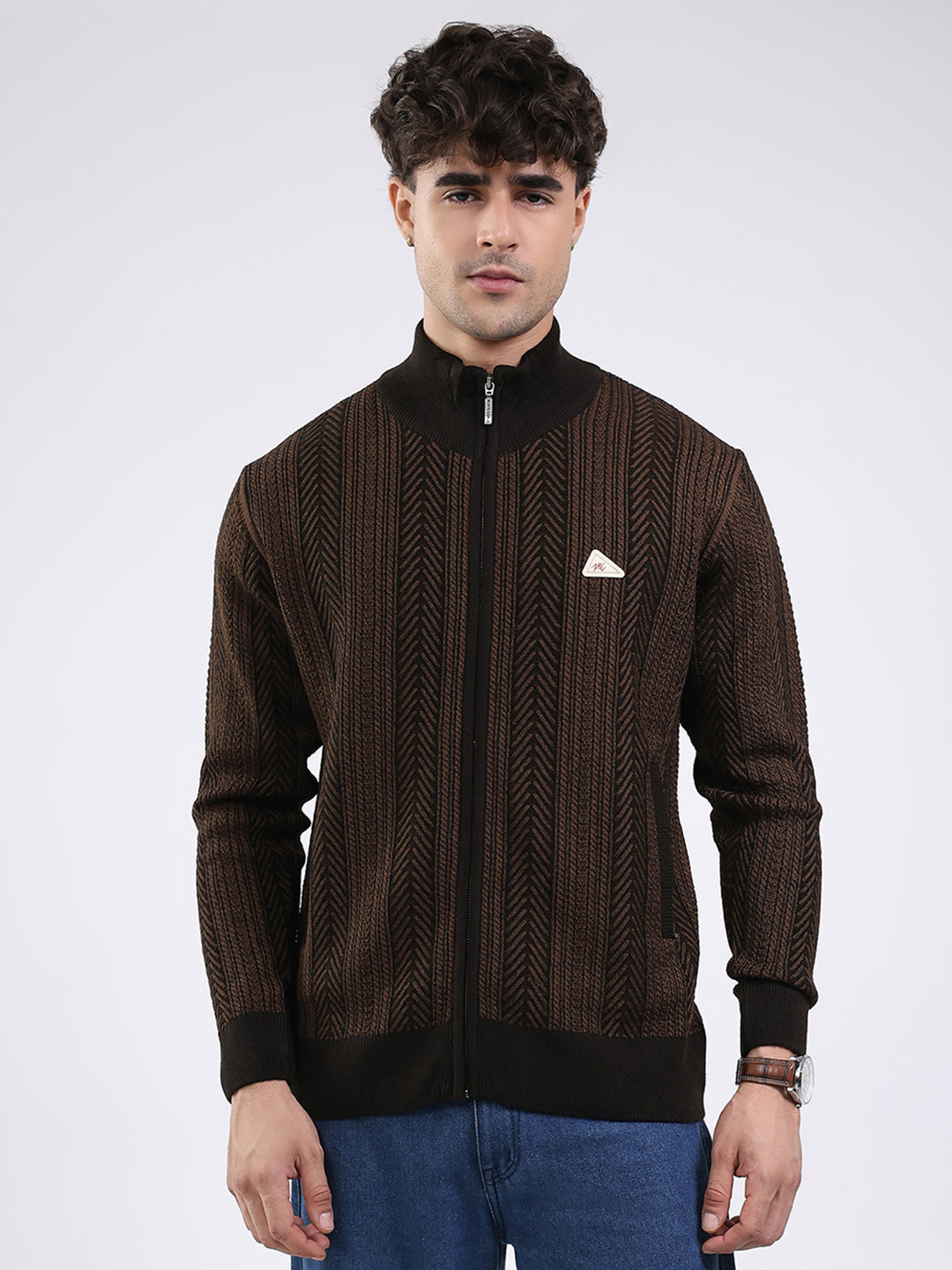 Men Brown Self Design Mock Neck Full Sleeve Pullover