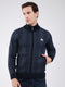 Men Navy Blue Self Design Mock Neck Full Sleeve Pullover