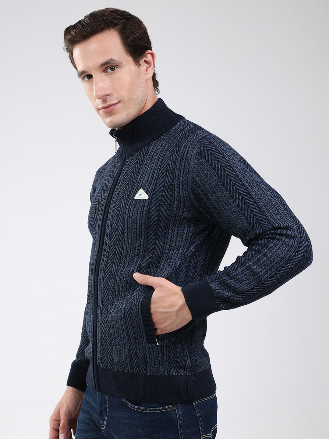 Men Navy Blue Self Design Mock Neck Full Sleeve Pullover