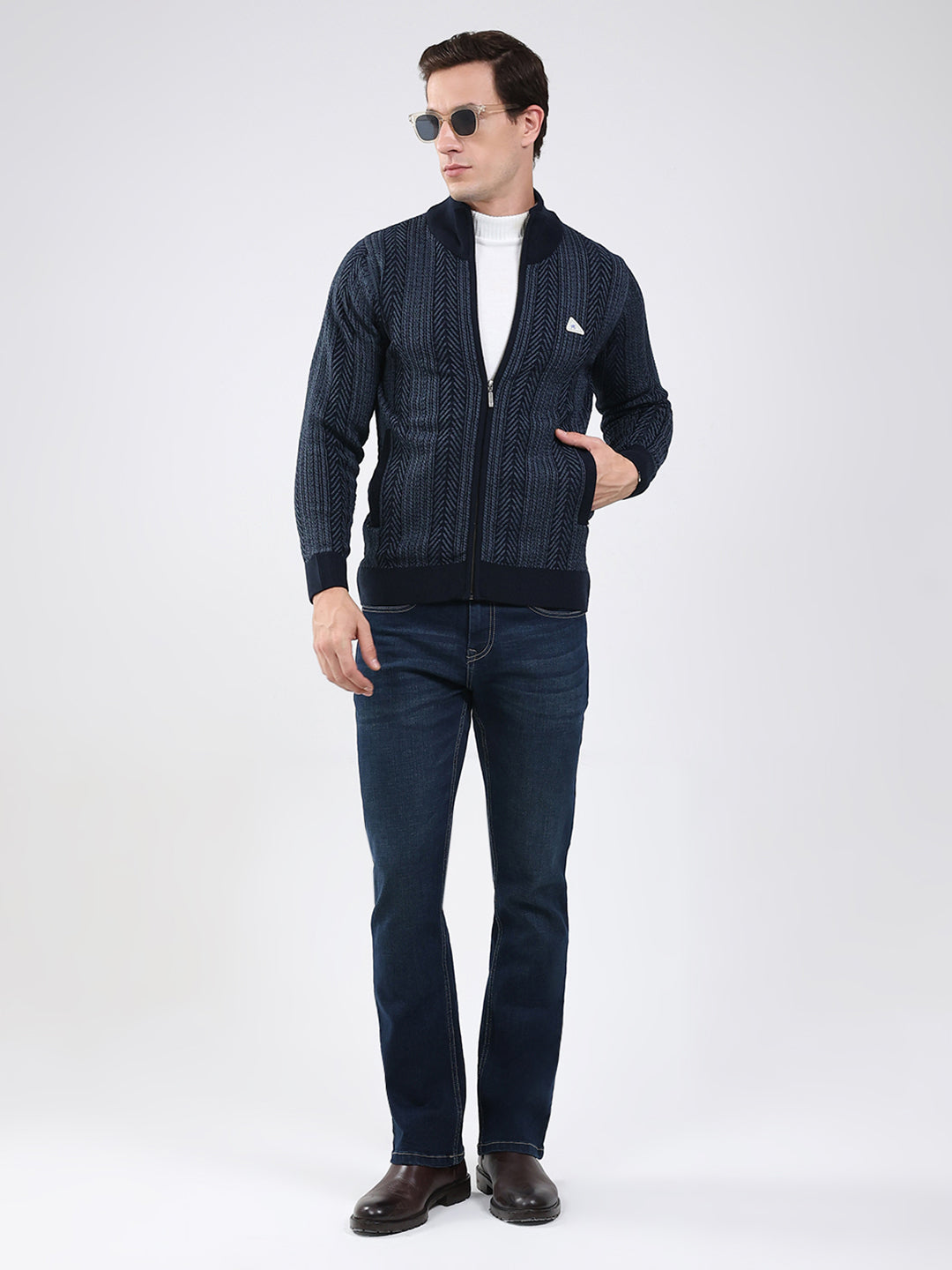 Men Navy Blue Self Design Mock Neck Full Sleeve Pullover