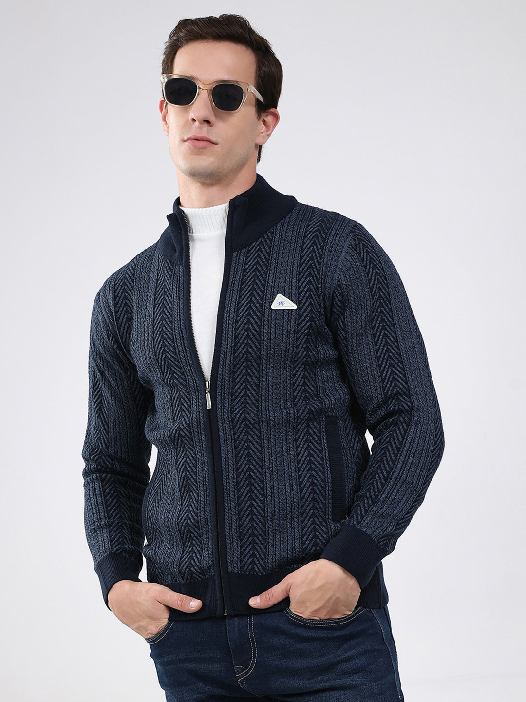 Men Navy Blue Self Design Mock Neck Full Sleeve Pullover