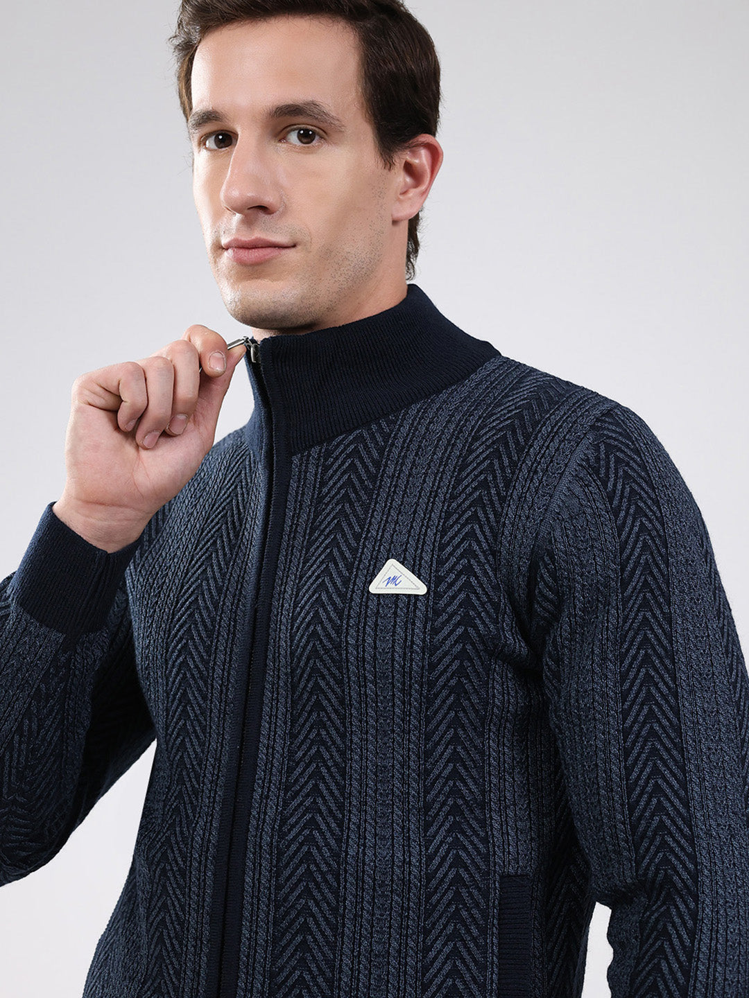Men Navy Blue Self Design Mock Neck Full Sleeve Pullover