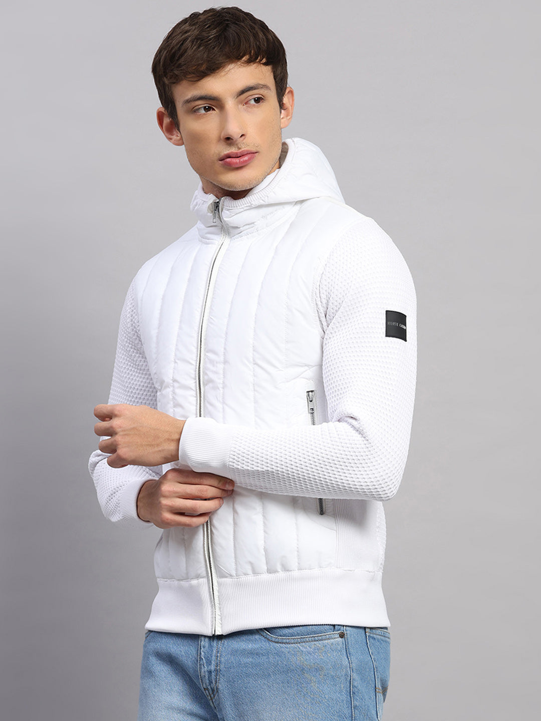 Men White Self Design Round Neck Full Sleeve Pullover