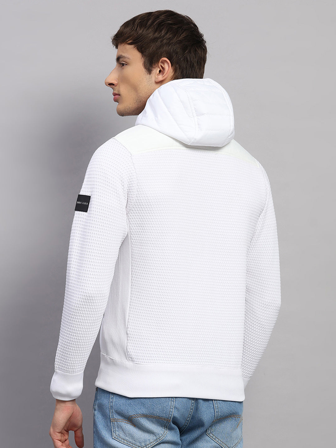 Men White Self Design Round Neck Full Sleeve Pullover