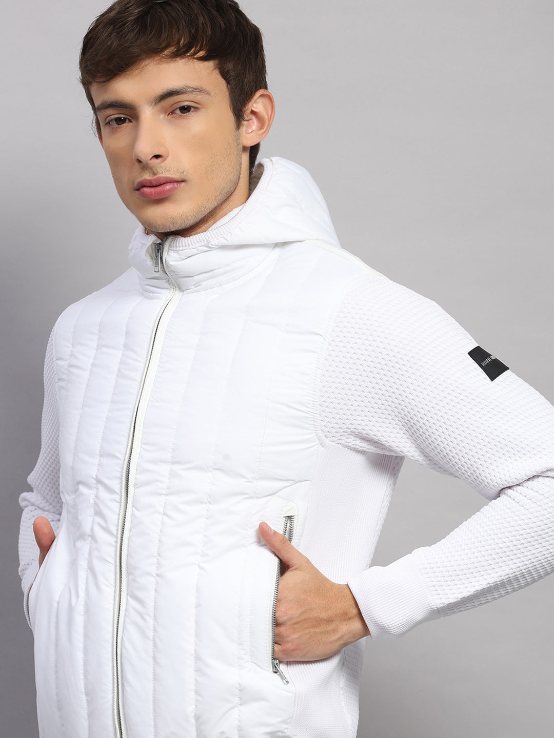 Men White Self Design Round Neck Full Sleeve Pullover