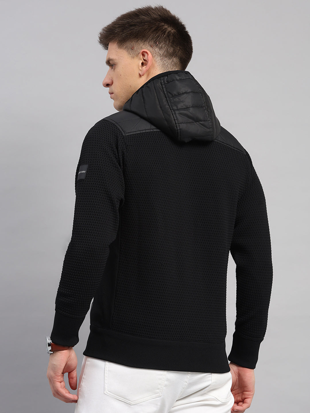 Men Black Self Design Round Neck Full Sleeve Pullover