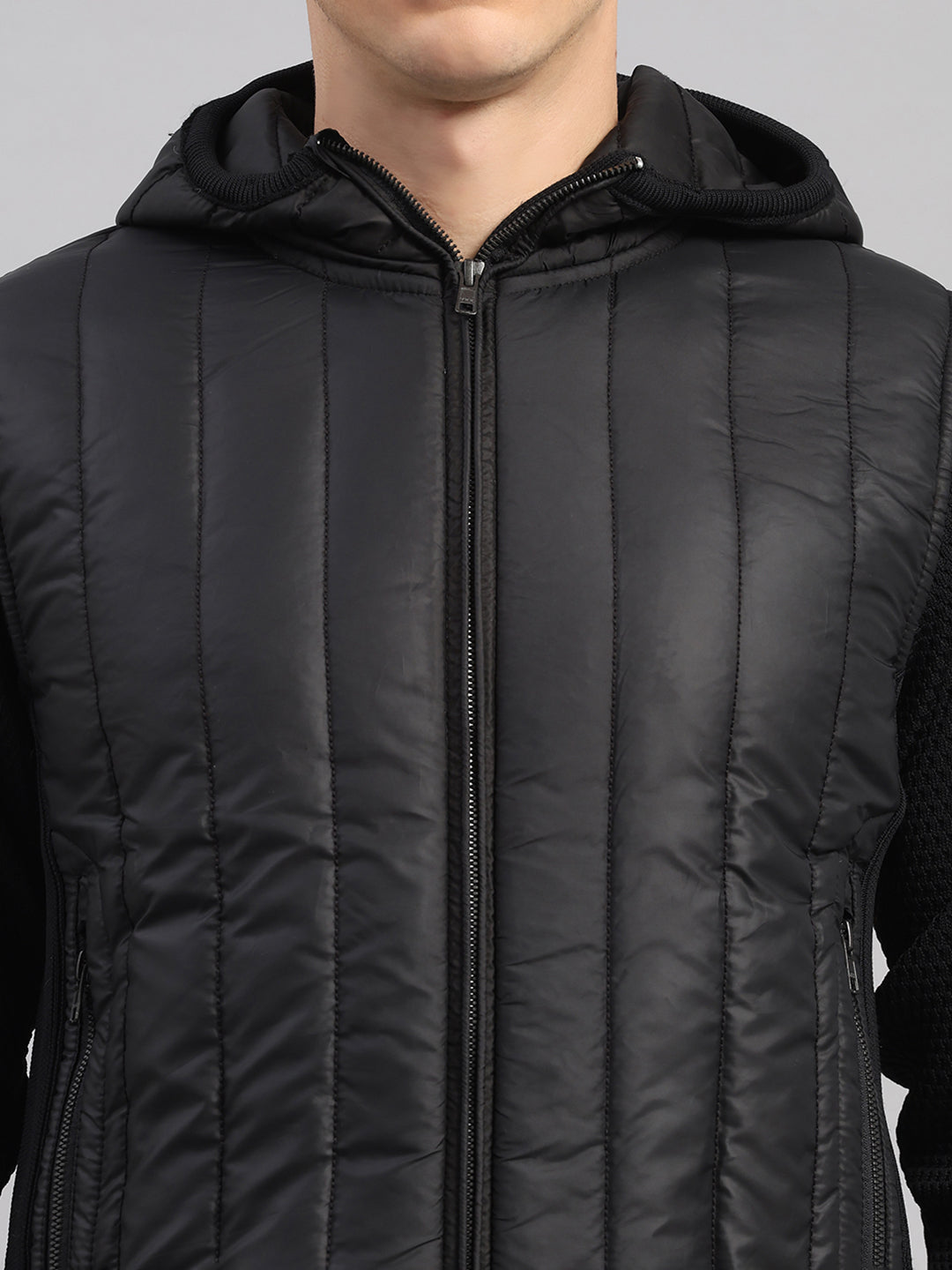 Men Black Self Design Round Neck Full Sleeve Pullover