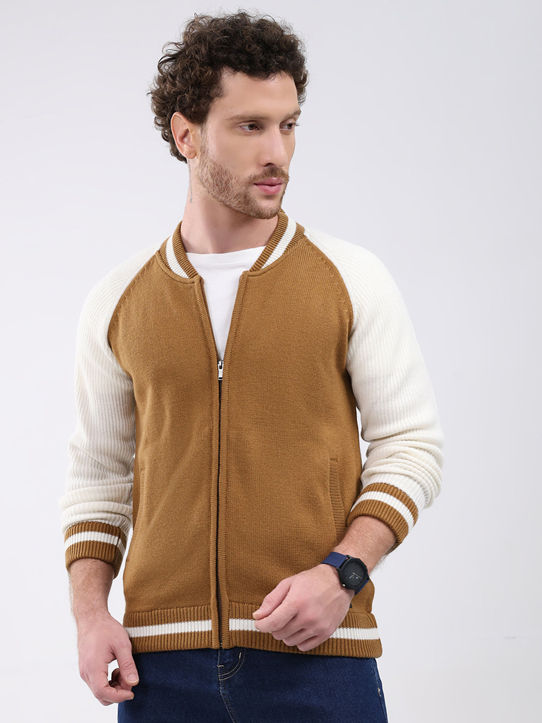 Men Khaki Solid Round Neck Full Sleeve Pullover