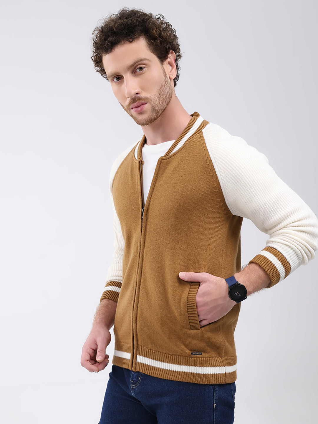 Men Khaki Solid Round Neck Full Sleeve Pullover