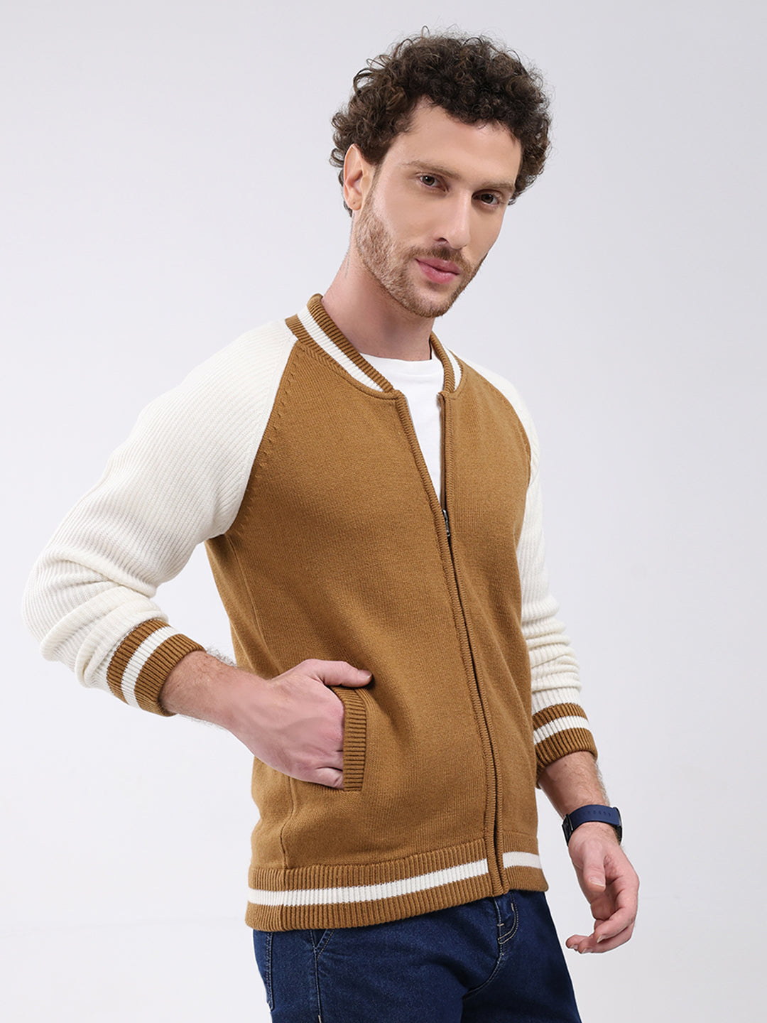 Men Khaki Solid Round Neck Full Sleeve Pullover