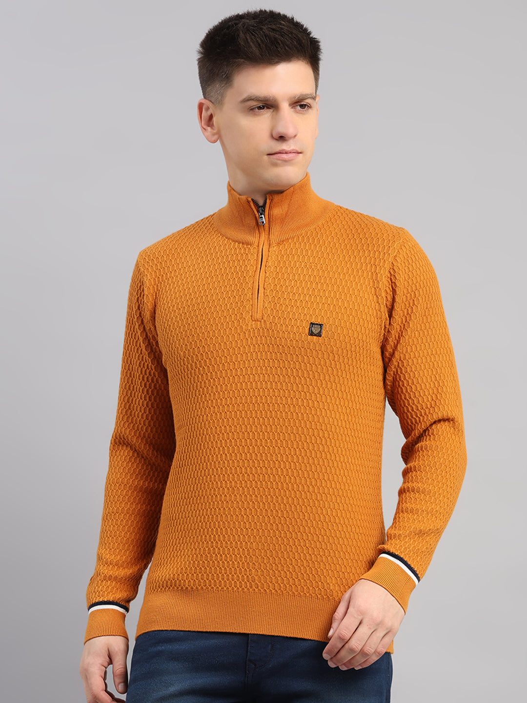 Men Yellow Self Design Round Neck Full Sleeve Pullover