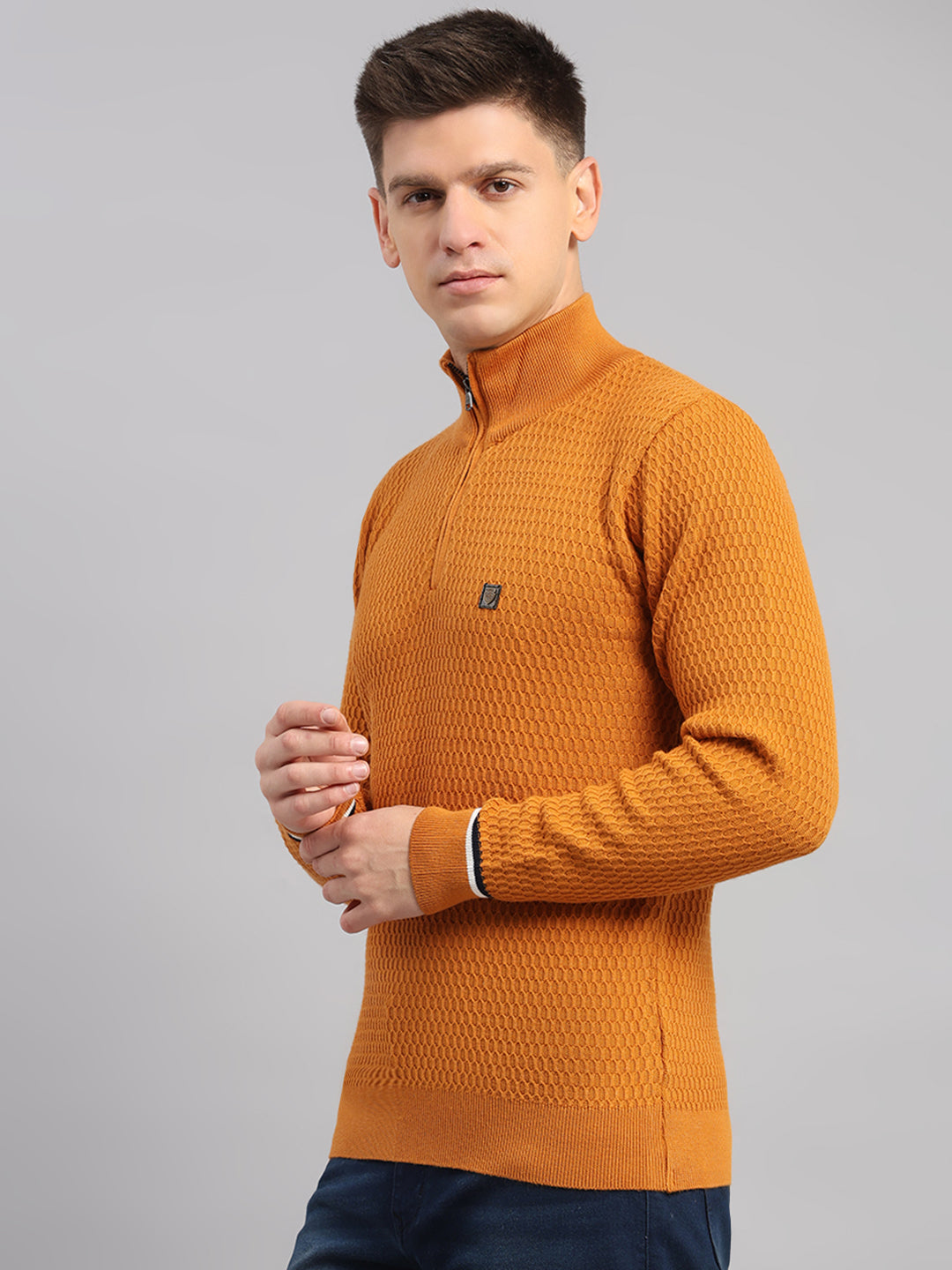 Men Yellow Self Design Round Neck Full Sleeve Pullover