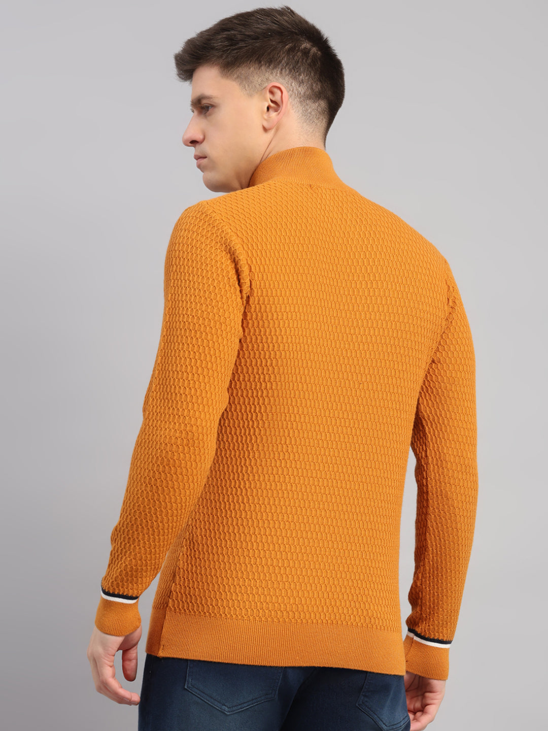 Men Yellow Self Design Round Neck Full Sleeve Pullover