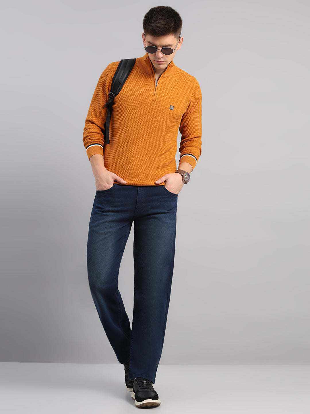 Men Yellow Self Design Round Neck Full Sleeve Pullover