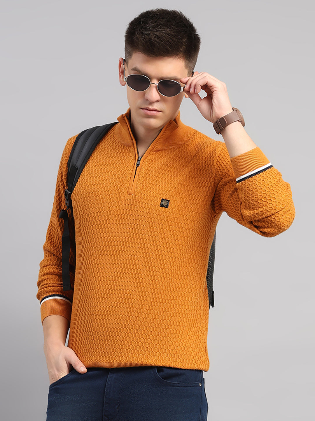Men Yellow Self Design Round Neck Full Sleeve Pullover