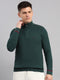 Men Green Self Design Round Neck Full Sleeve Pullover
