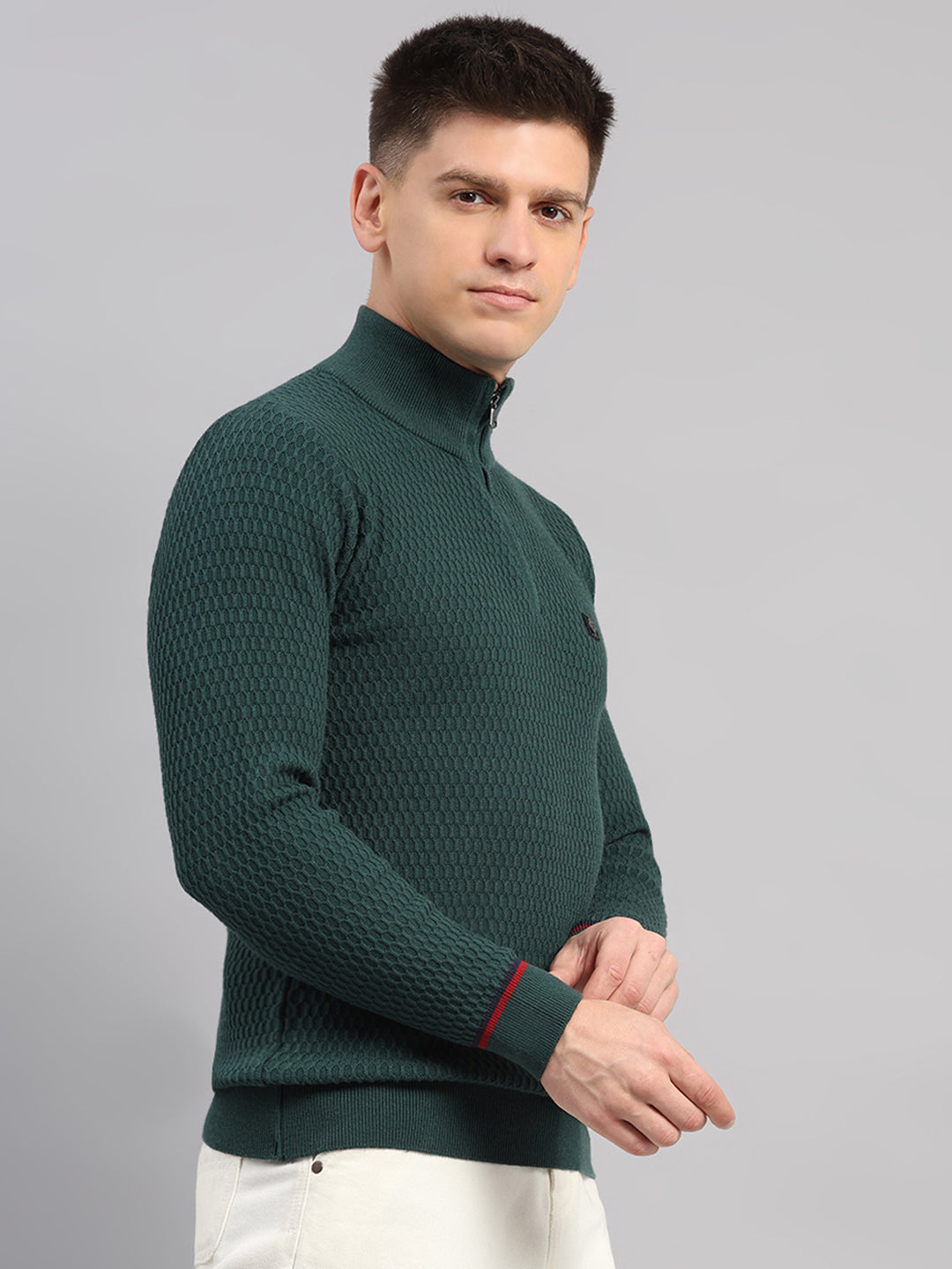 Men Green Self Design Round Neck Full Sleeve Pullover
