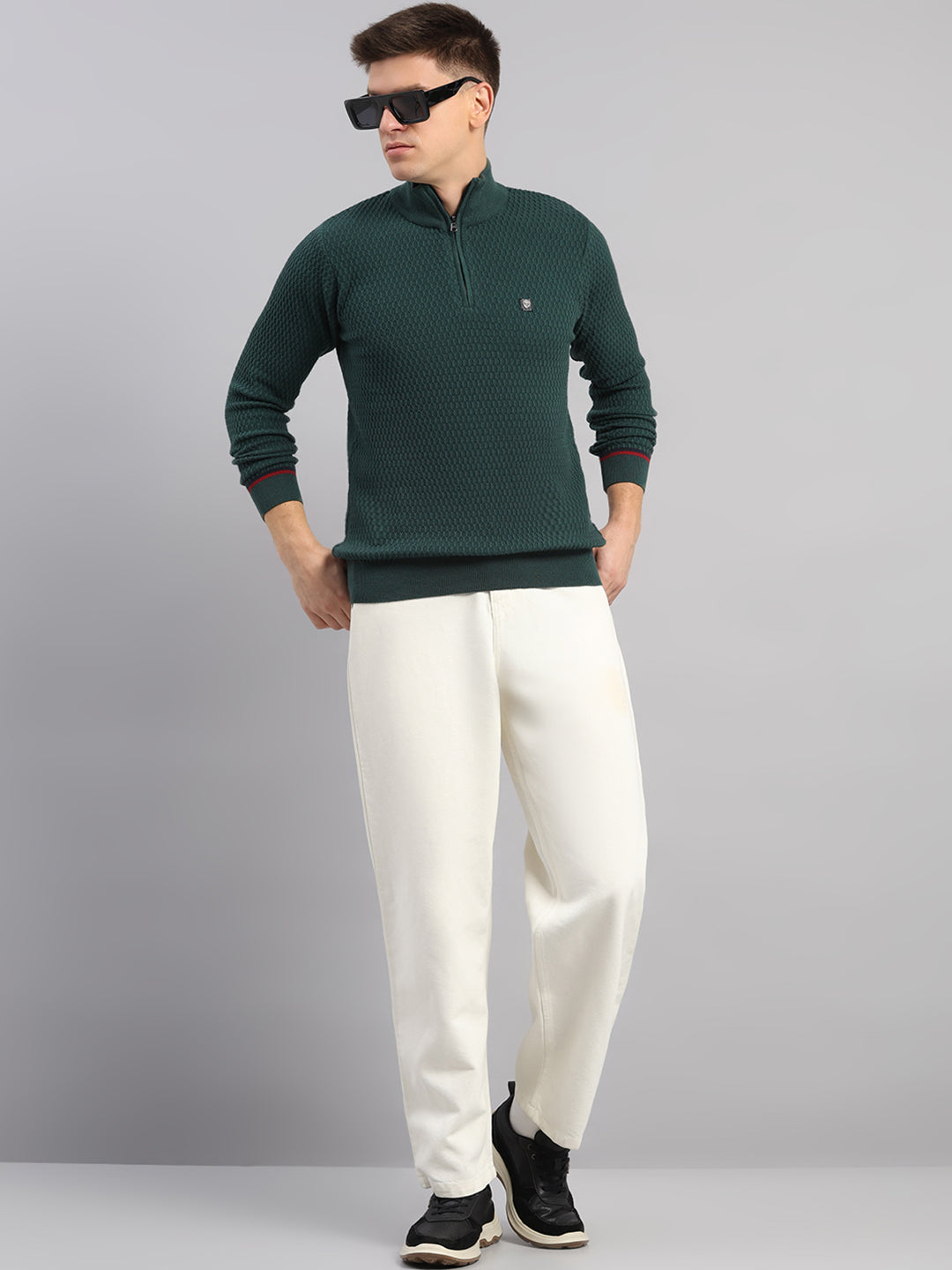 Men Green Self Design Round Neck Full Sleeve Pullover