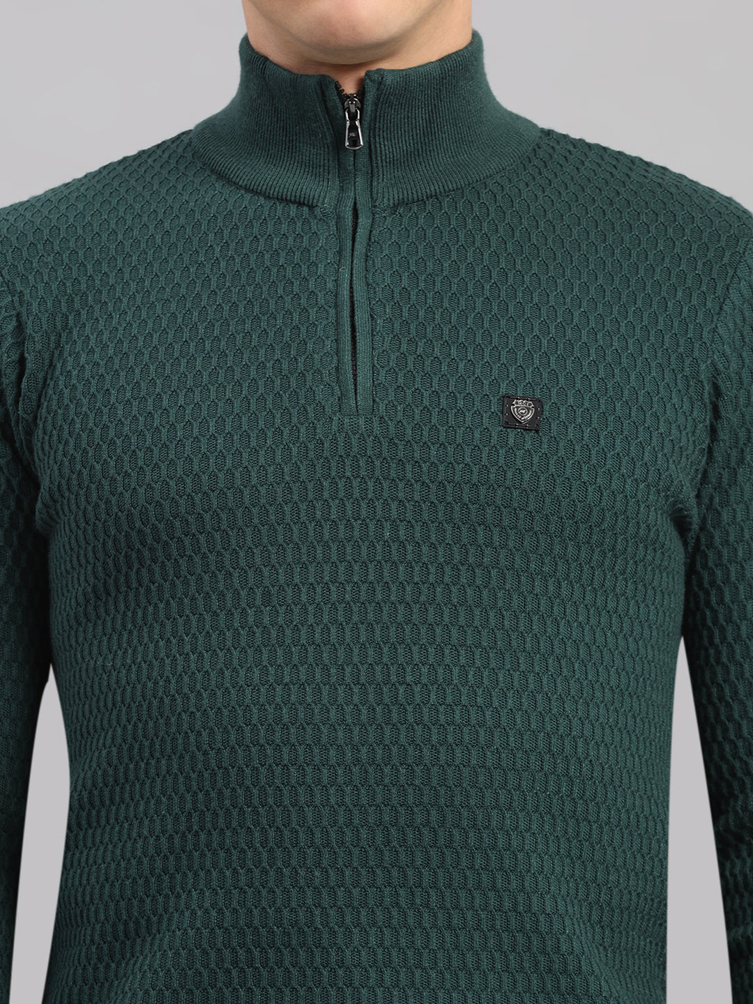 Men Green Self Design Round Neck Full Sleeve Pullover