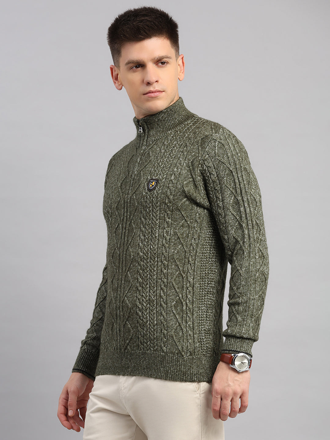 Men Green Self Design Round Neck Full Sleeve Pullover