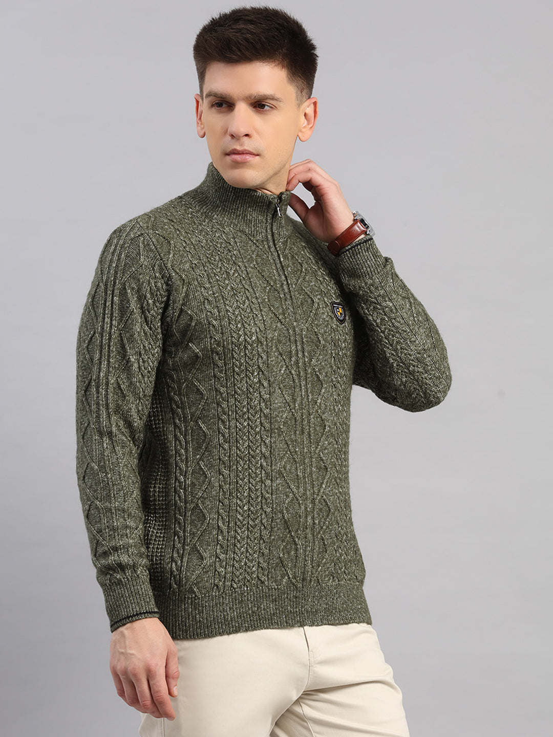 Men Green Self Design Round Neck Full Sleeve Pullover