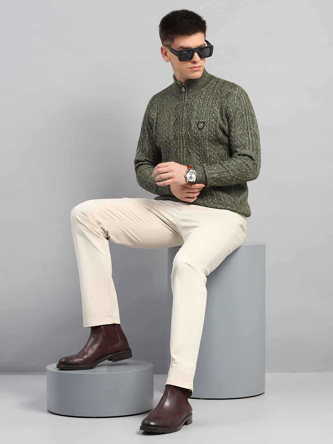 Men Green Self Design Round Neck Full Sleeve Pullover