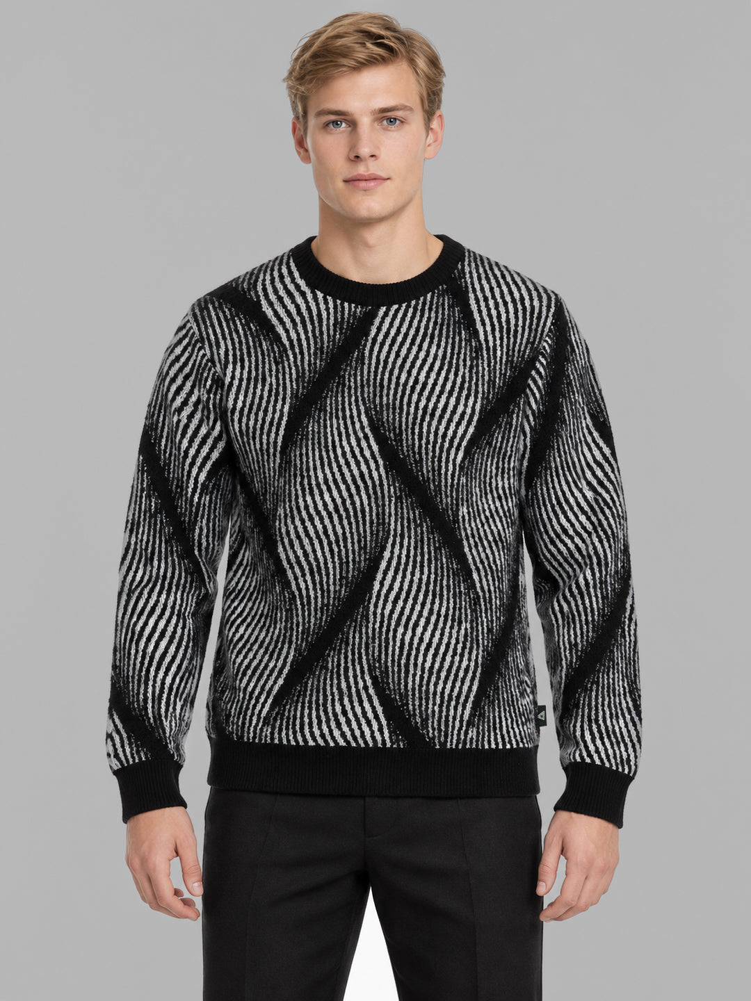 Men Black Self Design Round Neck Full Sleeve Pullover