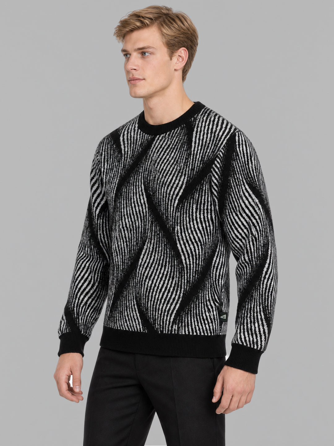 Men Black Self Design Round Neck Full Sleeve Pullover
